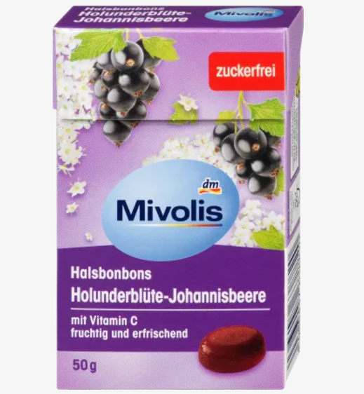 Mivolis のど飴 ホルンダーの花とヨハネスベリー 無糖 50g