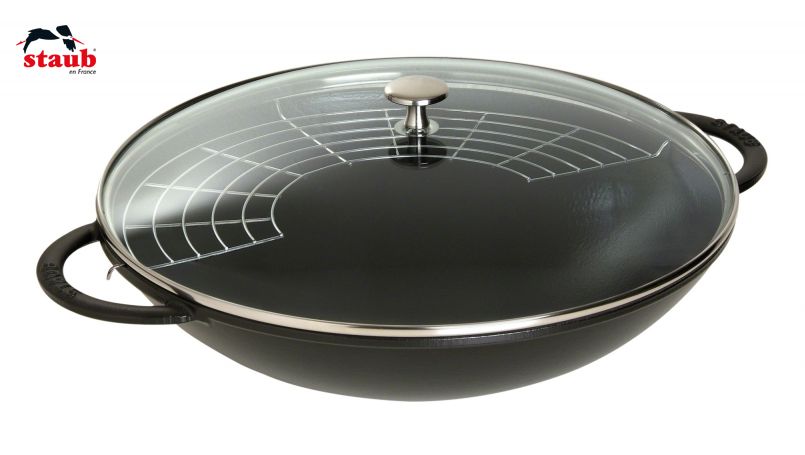 STAUB ウオック ガラス蓋付ウオックパン (37cm、ブラック) 1個