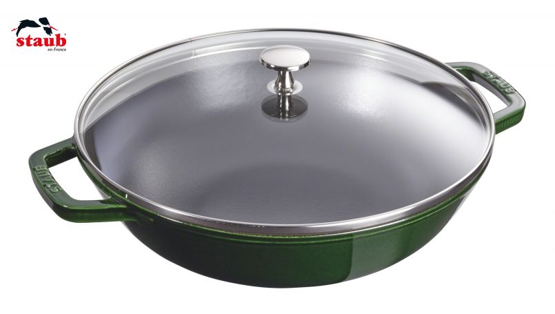 STAUB ウオック ガラス蓋付ウオックパン (30cm、バジルグリーン) 1個