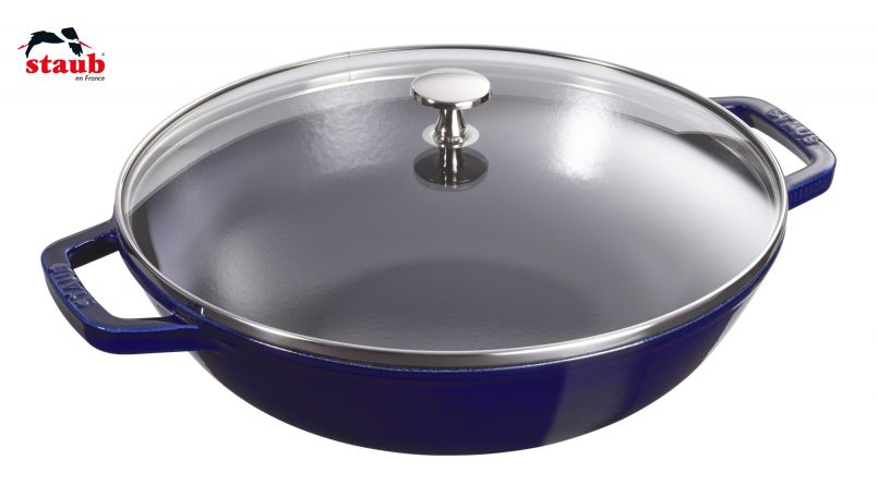 STAUB ウオック ガラス蓋付ウオックパン (30cm、ダークブルー) 1個