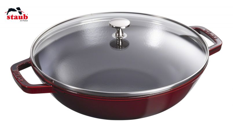 STAUB ウオック ガラス蓋付ウオックパン (30cm、グレナディン) 1個