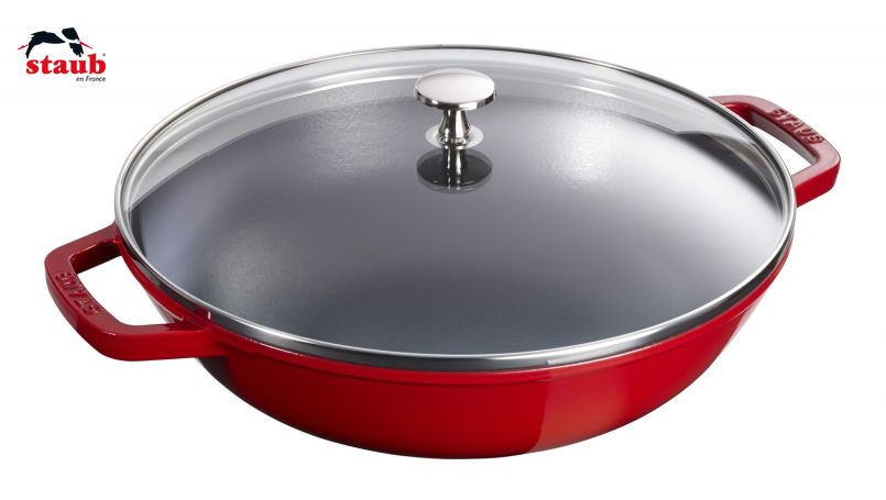 STAUB ウオック ガラス蓋付ウオックパン (30cm、チェリーレッド) 1個