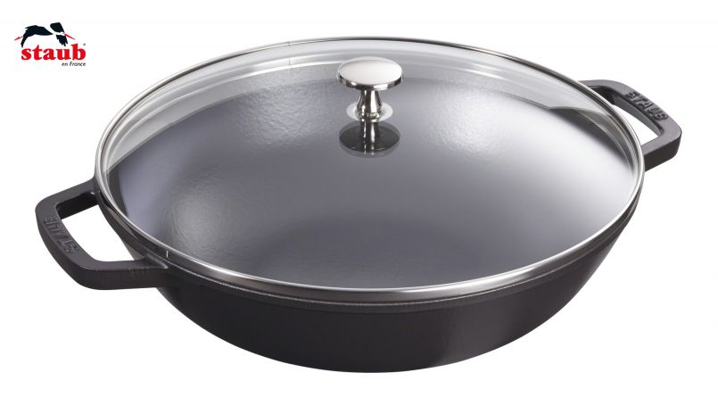 STAUB ウオック ガラス蓋付ウオックパン (30cm、ブラック) 1個