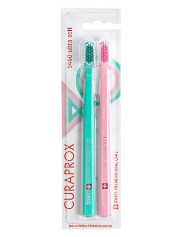CURAPROX CS5460 40イヤーズレトロ 歯ブラシ (2本入り、ピンク / グリーン)