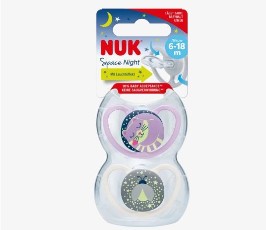 NUK ヌーク スペースナイト おしゃぶり パープル/ホワイト サイズ2 6〜18ヶ月 2個