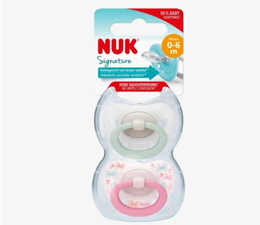 NUK ヌーク シグネチャー おしゃぶり シリコーン グリーン/ローズ サイズ1 0〜6ヶ月 2個