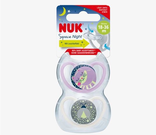 NUK ヌーク スペースナイト おしゃぶり パープル/ホワイト サイズ3 18〜36ヶ月 2個